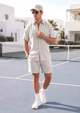 PIETER PETROS PP Natural Set PP Natural Tennis Set - Oatmeal PIETER PETROS | PP Natural Tennis Set — Oatmeal | Men's Luxury Belgian Linen Peter Petros peterpetros PieterPetros sustainable luxury fashion designer brand natural fabrics natural fashion world finest linen