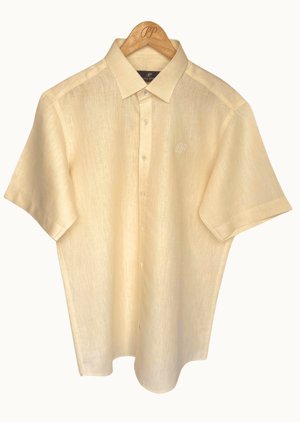 PIETER PETROS PP Shirts Laos Short Sleeve Linen Shirt - Beige Cream PIETER PETROS | PP LINEN SHIRT LAOS - SHORT SLEEVE - BEIGE CREAM Peter Petros peterpetros PieterPetros sustainable luxury fashion designer brand natural fabrics natural fashion