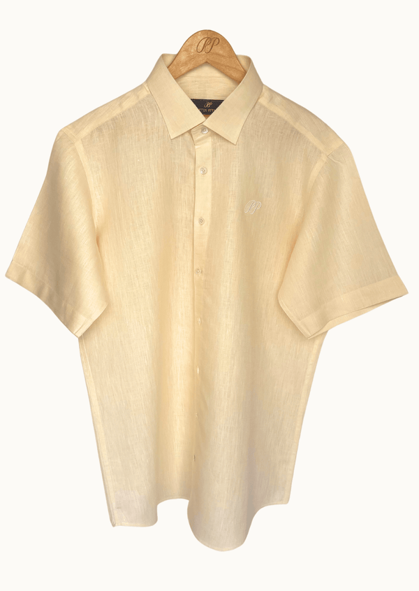 PIETER PETROS PP Shirts Laos Short Sleeve Linen Shirt - Beige Cream PIETER PETROS | PP LINEN SHIRT LAOS - SHORT SLEEVE - BEIGE CREAM Peter Petros peterpetros PieterPetros sustainable luxury fashion designer brand natural fabrics natural fashion