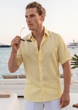 PIETER PETROS PP Shirts Laos Short Sleeve Linen Shirt - Lemon Yellow PIETER PETROS | PP LINEN SHIRT LAOS - SHORT SLEEVE - LEMON YELLOW Peter Petros peterpetros PieterPetros sustainable luxury fashion designer brand natural fabrics natural fashion
