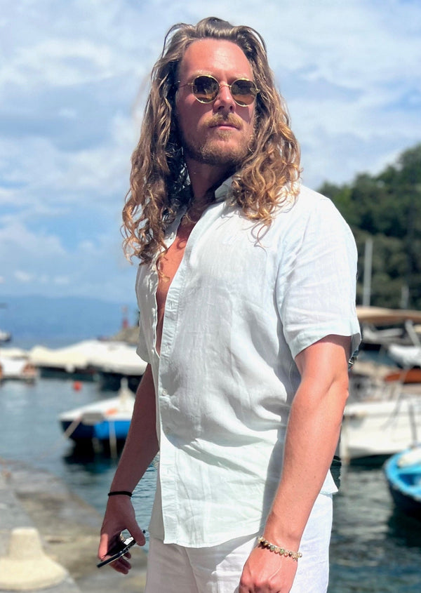 PIETER PETROS PP Shirts Laos Short Sleeve Linen Shirt - Mint Green PIETER PETROS | PP LINEN SHIRT LAOS - SHORT SLEEVE - MINT GREEN Peter Petros peterpetros PieterPetros sustainable luxury fashion designer brand natural fabrics natural fashion