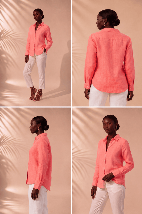 PP Linen Blouse in Dubarry, side view showing curved hem and long sleeves.