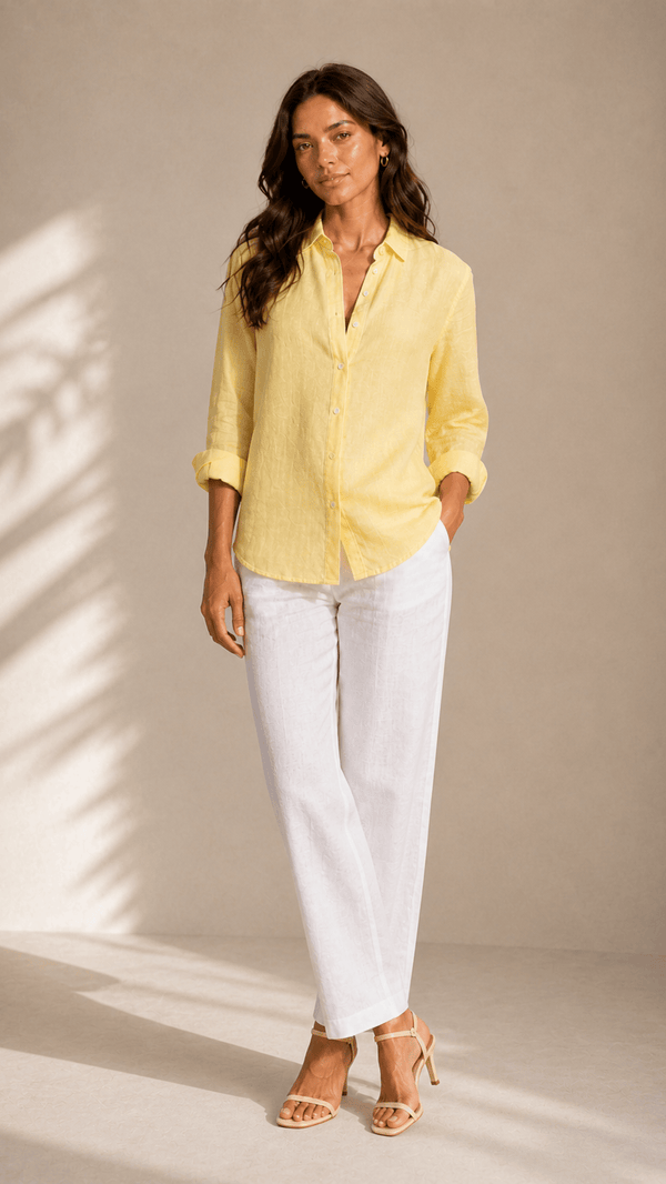 PP Linen Blouse in Lemon natural luxury linen, studio view.