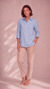 PP Linen Blouse in Sky Blue natural luxury linen, front view with seashell buttons.