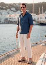 Dark Blue Pieter Petros linen shirt in 100% Belgian linen with seashell buttons, handmade in Dubai