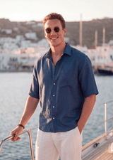 Dark Blue Pieter Petros linen shirt in 100% Belgian linen with seashell buttons, handmade in Dubai