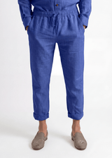 Sapphire Blue casual linen trousers by Pieter Petros in 100% Belgian linen, tapered leg with turn-up, handmade in Dubai