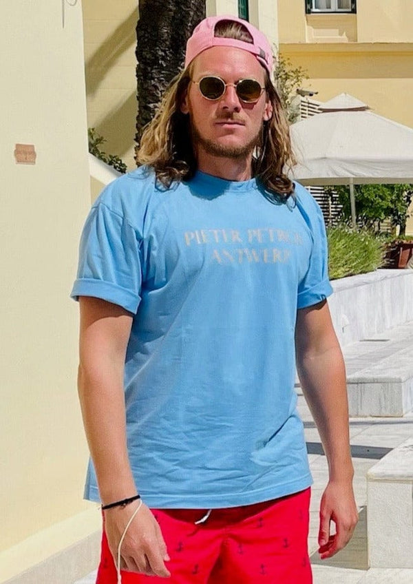 PIETER PETROS Pieter Petros T-shirts PP Tee Cornflower PIETER PETROS | PP Tee Cornflower | Cotton T-shirt Peter Petros peterpetros PieterPetros sustainable luxury fashion designer brand natural fabrics natural fashion