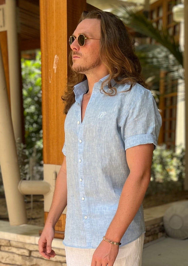 PIETER PETROS PP Shirts Laos Short Sleeve Linen Shirt - Sky Blue PIETER PETROS | PP LINEN SHIRT LAOS - SHORT SLEEVE - SKY BLUE Peter Petros peterpetros PieterPetros sustainable luxury fashion designer brand natural fabrics natural fashion