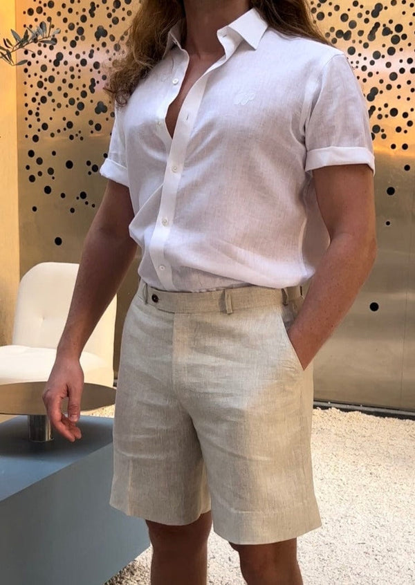 PIETER PETROS PP Shorts PP linen shorts - Beige PIETER PETROS | PP LINEN SHORTS - BEIGE Peter Petros peterpetros PieterPetros sustainable luxury fashion designer brand natural fabrics natural fashion