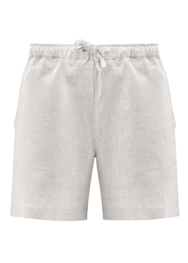 Light gray shorts with a drawstring on a white background