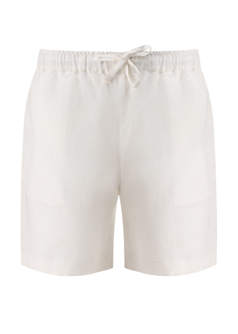 White shorts with a tie waist on a white background