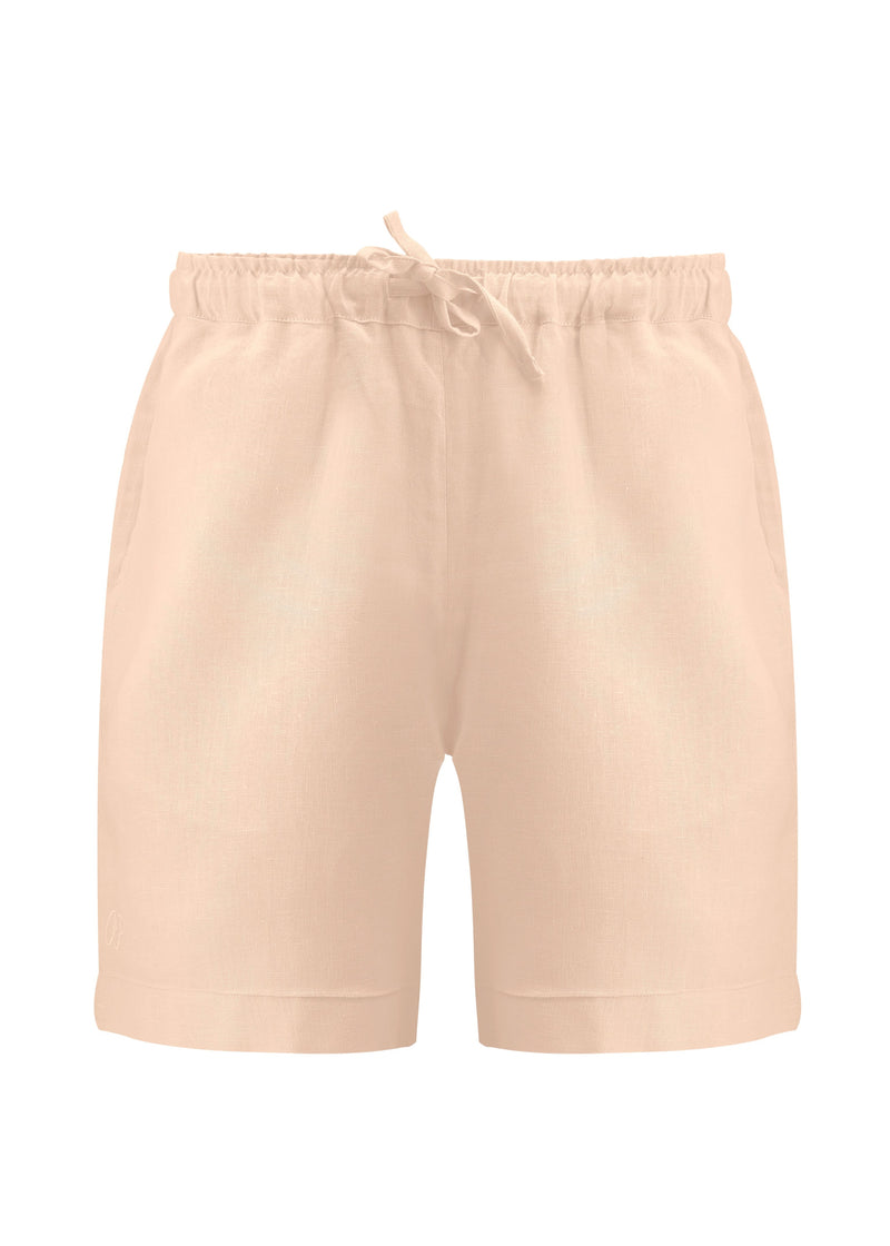 Beige shorts with a drawstring on a white background