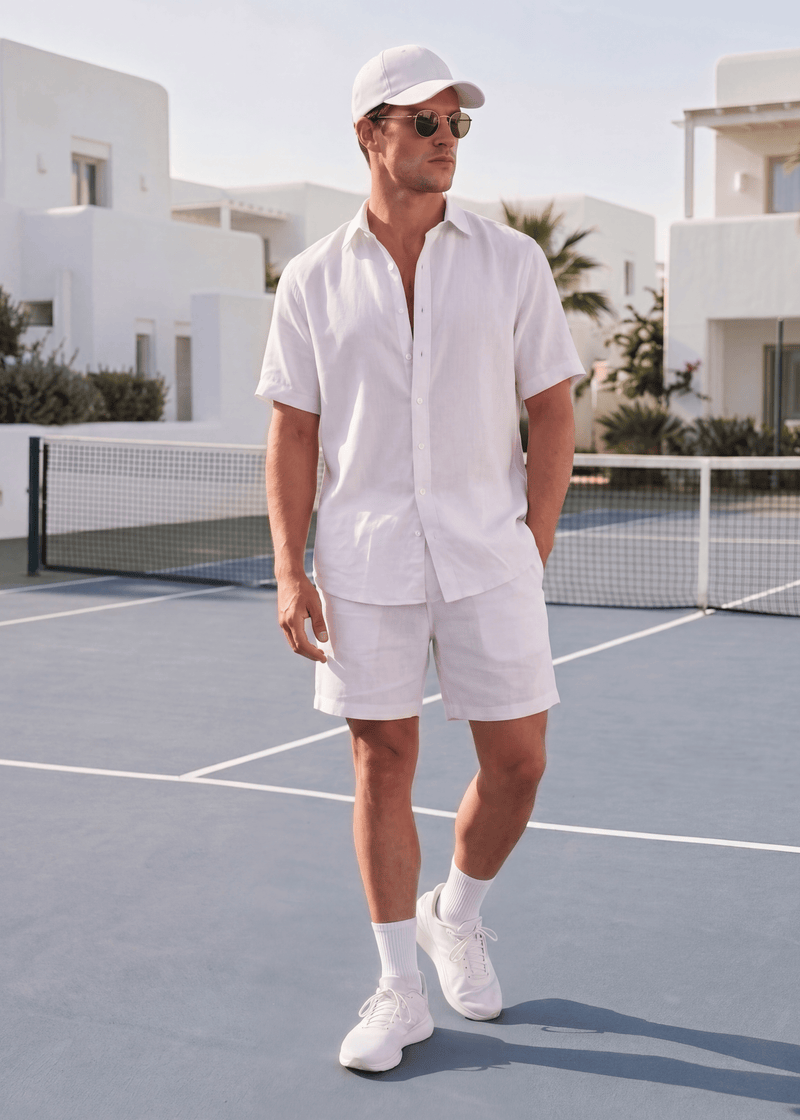PIETER PETROS PP Natural Set PP Natural Tennis Set - White PIETER PETROS | PP Natural Tennis Set — White | Men's Luxury Belgian Linen Peter Petros peterpetros PieterPetros sustainable luxury fashion  designer brand  natural fabrics natural fashion world finest linen
