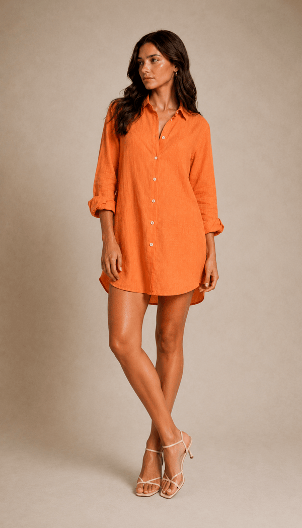 PIETER PETROS PP Shirts Amelia Linen Dress Shirt - Coral Orange PIETER PETROS | PP Amelia Linen Dress Shirt — Coral Orange | Women's Luxury Linen Peter Petros peterpetros PieterPetros sustainable luxury fashion  designer brand  natural fabrics natural fashion world finest linen
