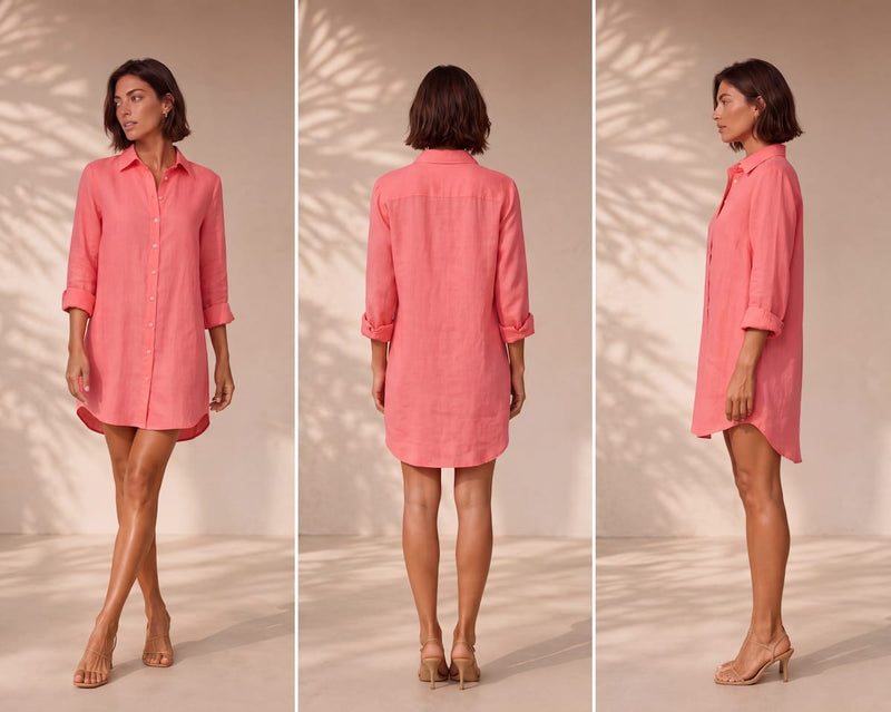 Amelia linen dress shirt in Dubarry by Pieter Petros, front, back and side views in 100% Belgian linen