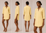 Women's linen dress shirt in Lemon made of 100% natural linen fabric with seashell buttons and curved hem, handmade in Dubai by Pieter Petros