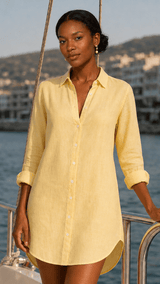 Women's linen dress shirt in Lemon made of 100% natural linen fabric with seashell buttons and curved hem, handmade in Dubai by Pieter Petros