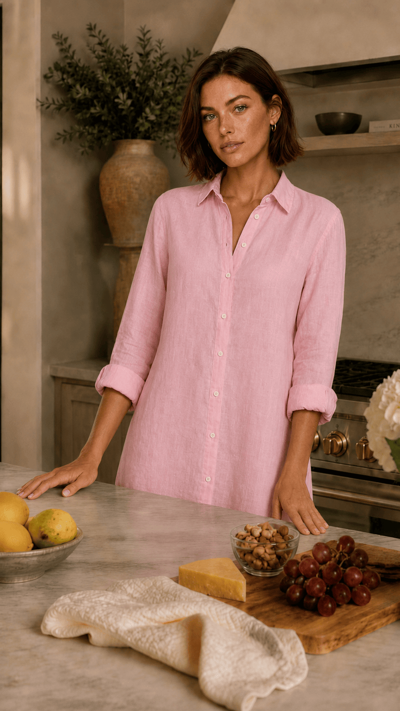 Women's linen dress shirt in Pink made of 100% natural linen fabric with seashell buttons and curved hem, handmade in Dubai by Pieter Petros