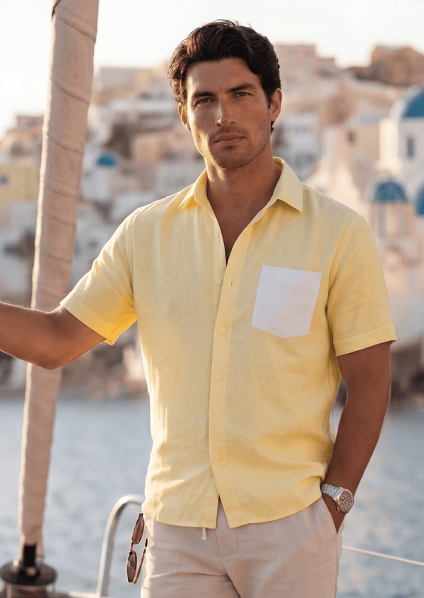 PIETER PETROS PP Shirts Bliss Linen Shirt - Lemon Yellow PIETER PETROS | PP Bliss Linen Shirt — Lemon Yellow | Men's Luxury Linen Peter Petros peterpetros PieterPetros sustainable luxury fashion  designer brand  natural fabrics natural fashion