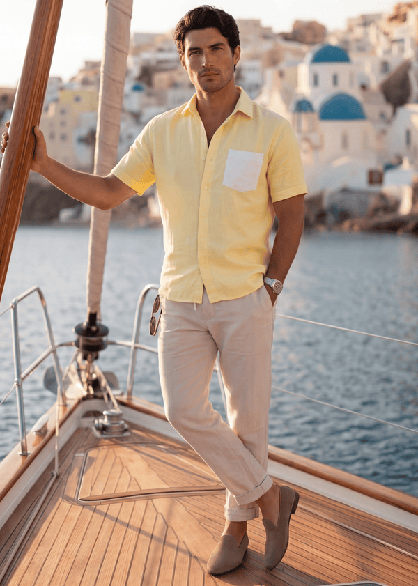 PIETER PETROS PP Shirts Bliss Linen Shirt - Lemon Yellow PIETER PETROS | PP Bliss Linen Shirt — Lemon Yellow | Men's Luxury Linen Peter Petros peterpetros PieterPetros sustainable luxury fashion  designer brand  natural fabrics natural fashion