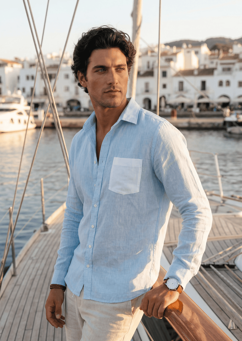 PIETER PETROS PP Shirts Bliss Linen Shirt - Sky Blue PIETER PETROS | PP LINEN SHIRT BLISS - SKY BLUE Peter Petros peterpetros PieterPetros sustainable luxury fashion  designer brand  natural fabrics natural fashion