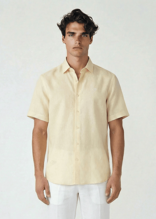 PIETER PETROS PP Shirts Laos Short Sleeve Linen Shirt - Beige Cream PIETER PETROS | PP LINEN SHIRT LAOS - SHORT SLEEVE - BEIGE CREAM Peter Petros peterpetros PieterPetros sustainable luxury fashion  designer brand  natural fabrics natural fashion