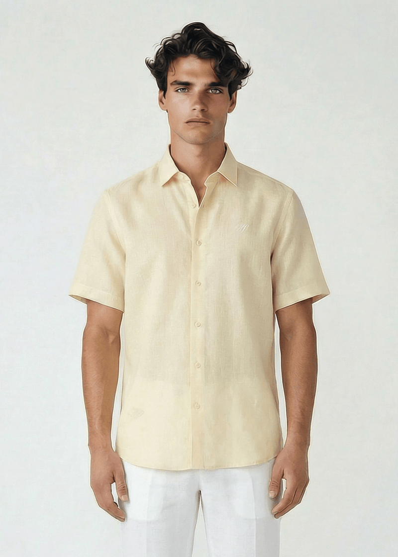 PIETER PETROS PP Shirts Laos Short Sleeve Linen Shirt - Beige Cream PIETER PETROS | PP LINEN SHIRT LAOS - SHORT SLEEVE - BEIGE CREAM Peter Petros peterpetros PieterPetros sustainable luxury fashion  designer brand  natural fabrics natural fashion