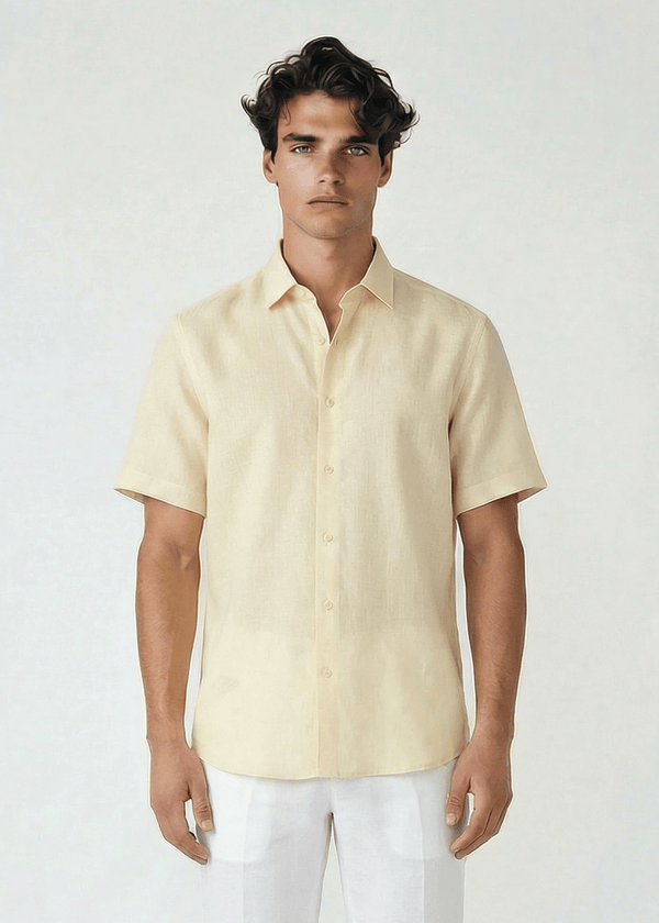 PIETER PETROS PP Shirts Laos Short Sleeve Linen Shirt - Beige Cream PIETER PETROS | PP LINEN SHIRT LAOS - SHORT SLEEVE - BEIGE CREAM Peter Petros peterpetros PieterPetros sustainable luxury fashion  designer brand  natural fabrics natural fashion