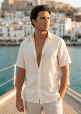 PIETER PETROS PP Shirts Laos Short Sleeve Linen Shirt - Vanille PIETER PETROS | PP LINEN SHIRT LAOS - SHORT SLEEVE - CORAL ORANGE Peter Petros peterpetros PieterPetros sustainable luxury fashion  designer brand  natural fabrics natural fashion