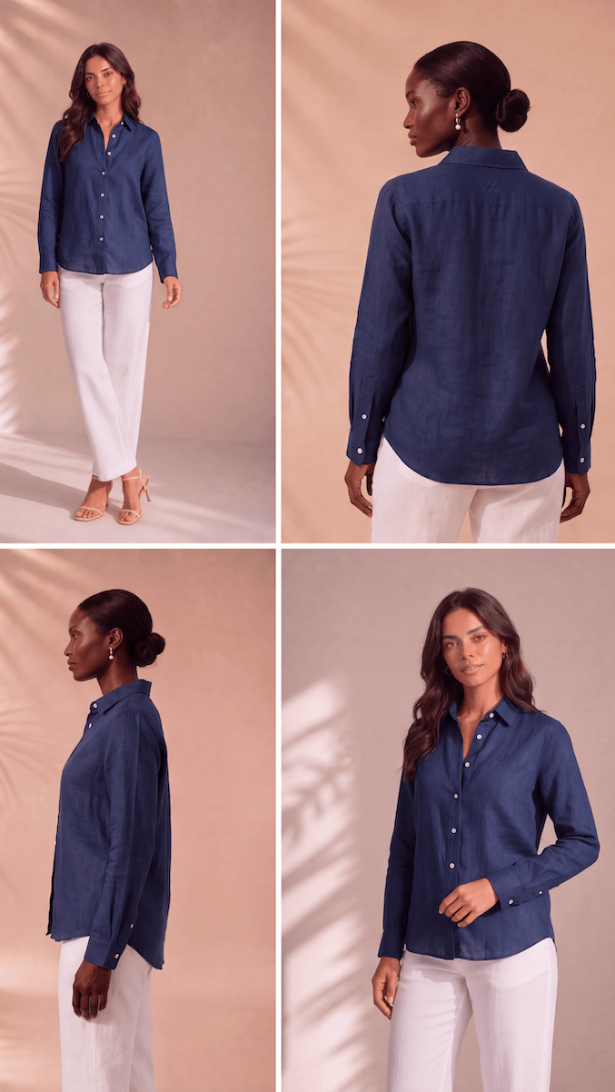 PP Linen Blouse in Dark Blue Belgian linen, multi-angle view showing curved hem and buttoned cuffs.