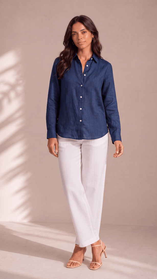 PP Linen Blouse in Dark Blue Belgian linen, side view showing tailored silhouette.