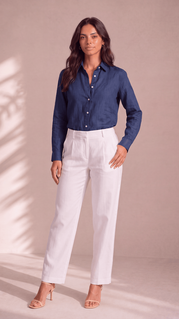 PP Linen Blouse in Dark Blue Belgian linen, front view with seashell buttons.