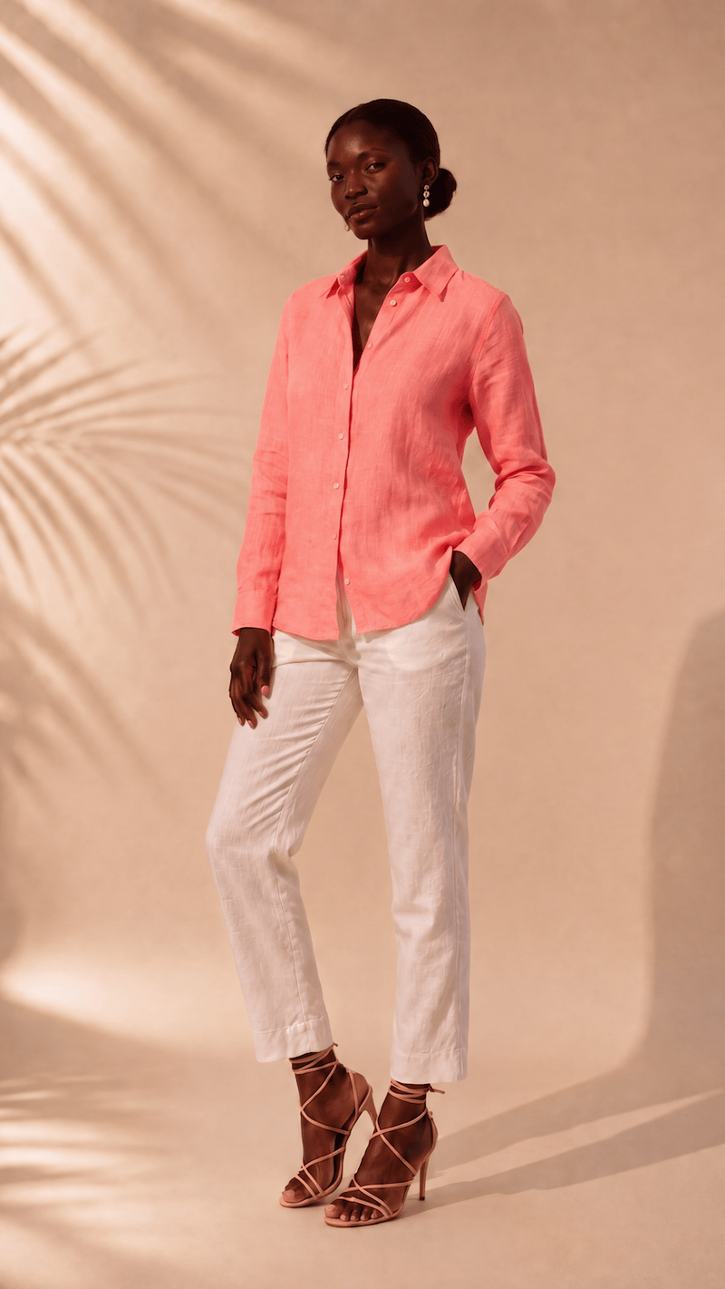 PP Linen Blouse in Dubarry Belgian linen, front view with seashell buttons.
