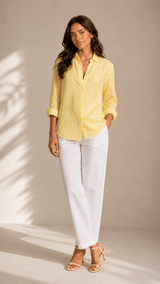 PP Linen Blouse in Lemon natural luxury linen, studio view.