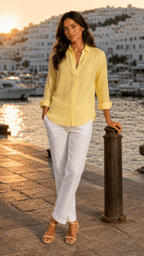 PP Linen Blouse in Lemon natural luxury linen, lifestyle view.