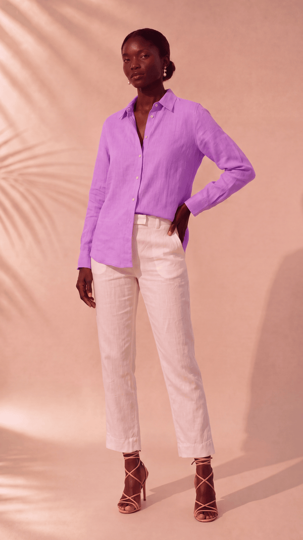 PP Linen Blouse in Orchid Belgian linen, front view with seashell buttons.