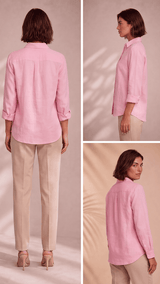 PP Linen Blouse in Pink natural luxury linen, front view with seashell buttons.