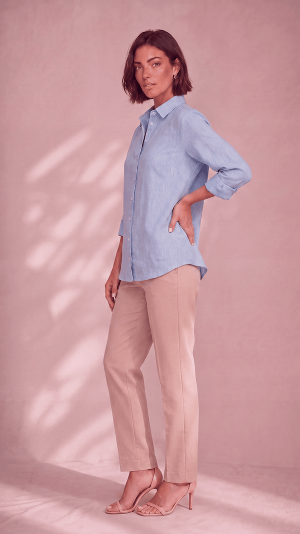 PP Linen Blouse in Sky Blue natural luxury linen, side view showing curved hem.