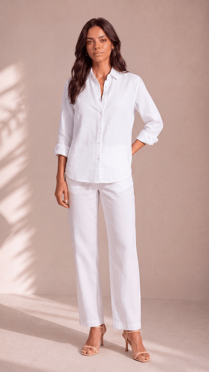 PP Linen Blouse in White Belgian linen, full-length view showing tailored silhouette.