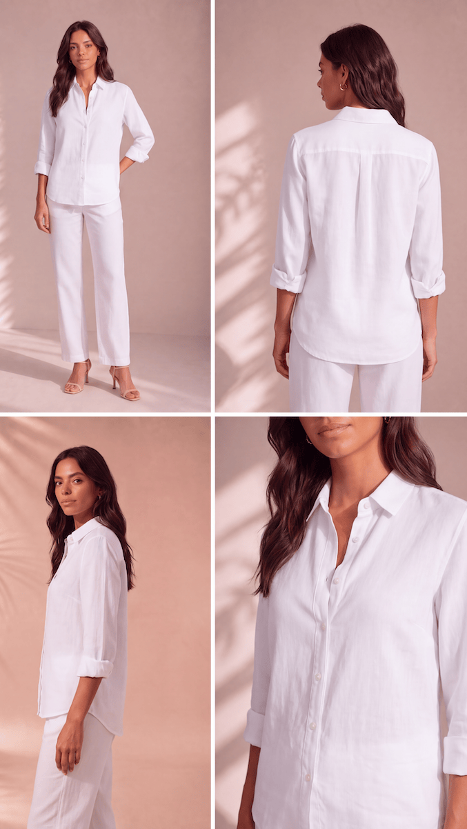 PP Linen Blouse in White Belgian linen, back and side detail showing turned cuffs.