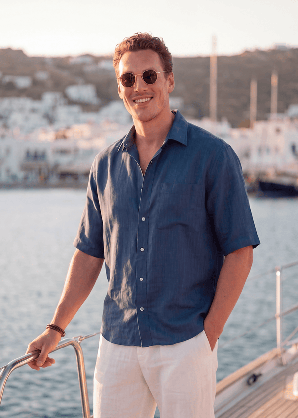 Dark Blue Pieter Petros linen shirt in 100% Belgian linen with seashell buttons, handmade in Dubai