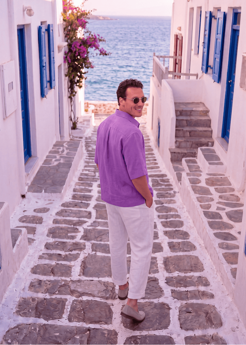 PP Vibes Linen Shirt in Orchid Belgian linen, lifestyle view.