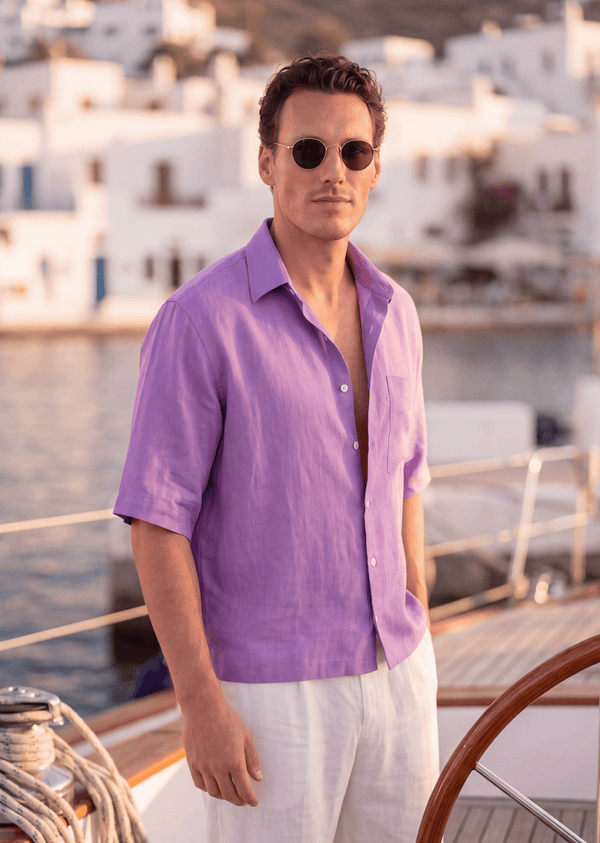 Violet Pieter Petros linen shirt made of 100% Belgian linen with seashell buttons, handmade in Dubai