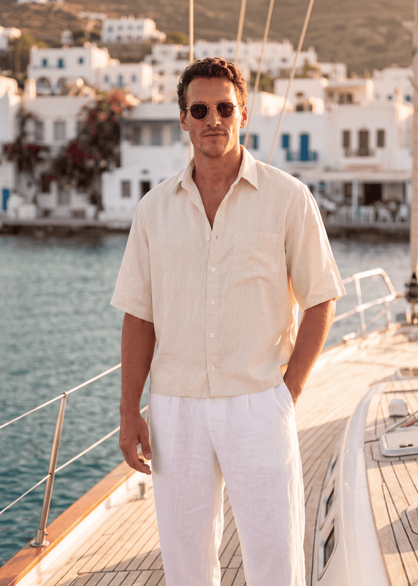 Vanille Pieter Petros linen shirt in 100% Belgian linen with seashell buttons, handmade in Dubai