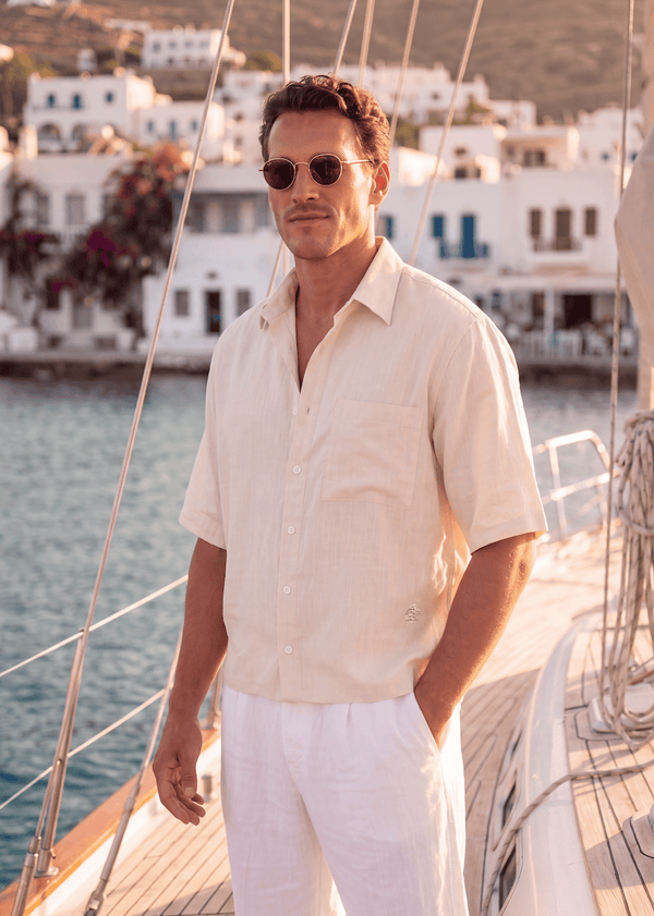 Vanille Pieter Petros linen shirt in 100% Belgian linen with seashell buttons, handmade in Dubai