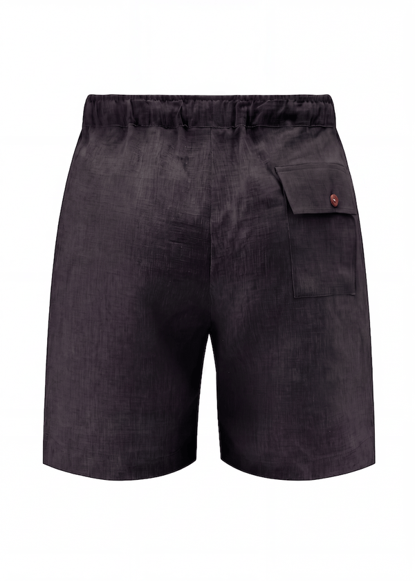Black Pieter Petros natural swim shorts back view, 100% Belgian linen with walnut button rear pocket, handmade in Dubai