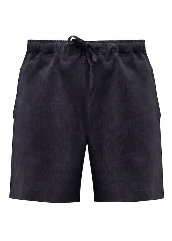 Black Pieter Petros natural swim shorts made of 100% Belgian linen with walnut button, handmade in Dubai