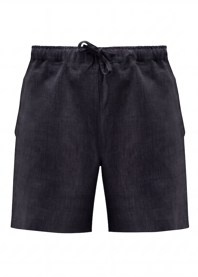 Black Pieter Petros natural swim shorts made of 100% Belgian linen with walnut button, handmade in Dubai