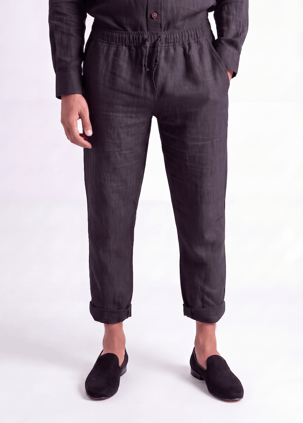Black Pieter Petros casual linen trousers made of 100% Belgian linen with drawstring waist, handmade in Dubai